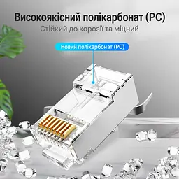 Екрановані мережеві штекери Vention 10 шт. RJ45 Cat.7 FTP 10 Гбіт/с для провідників 23–26 AWG отвори для окремих жил 1,5 мм для одножильних і багатожильних проводів з окремим тримачем жил з позолоченими контактами із затискачем кабелю «ластівчин хвіст» тризубчасті контакти для монтажу потрібен обтискний інструмент для екранованих штекерів із хвостовим затискачем прозорі (IDER0-10) - мініатюра 9