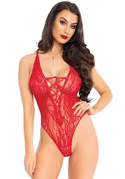 Мереживне боді Leg Avenue Floral lace thong teddy Red, шнурівка на грудях, one size - мініатюра 1