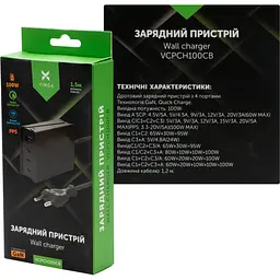 Зарядний пристрій Vinga GaN 100W PD+QC 3C1A ports 1.2m Wired Charger (VCPCH100CB) - мініатюра 6