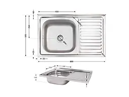 Мийка накладна Brinex 500х800х160мм 1 5080-L, Satin 0,6мм BRIN5080LSAT06 - мініатюра 2