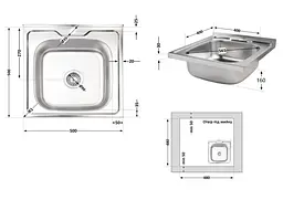 Кухонна мийка Brinex 5050 0.6 мм, врізна BRIN5050SAT06 - мініатюра 7