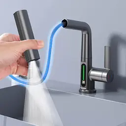 Висувний кухонний змішувач з LED-дисплеєм температури, 3 режими, поворот 360 °, чорний - мініатюра 3
