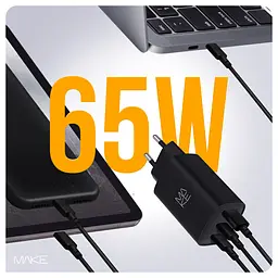 Зарядний пристрій мережевий MAKE 65W GaN3 2xType-C PD3.0 + USB QC4.0 Black - мініатюра 4