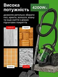 Пилосос вакуумний 4200Вт, пилосос з фільтром НЕРА, пилосос без мішка з контейнером з турбощіткой 3л, Зелений - мініатюра 8