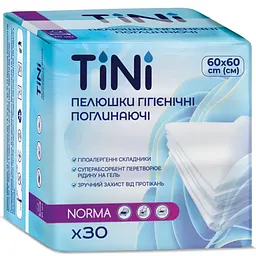 Пелюшки гігієнічні поглинаючі TINI Norma розмір 60х60 см 30 шт.
