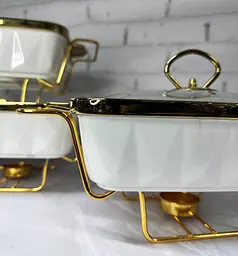 Набір з 3-х мармітів керамічних прямокутних Kitchen з кришкамискла Біло Золотий - мініатюра 7