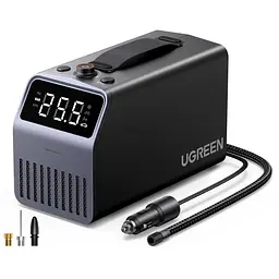 Автомобильный компрессор UGREEN ET722 от прикуривателя 12 В до 150 PSI (10,3 бар) 30 л/мин Schrader автостоп по заданному давлению дисплей с подсветкой LED-фонарь сигнальный режим и SOS 5 режимов с настройкой давления автоотключение при перегреве комплектные адаптер Presta и насадки для мячей и надувных изделий встроенные кабель питания 3 м и шланг 0,6 м в оплётке отсеки для хранения двигатель 120 Вт тёмно-серый с чёрным и светло-серой панелью (15627)