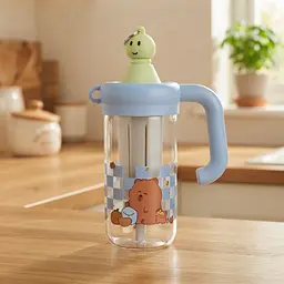 Бутылка для воды стеклянная детская Capybara с ситечком 750 мл бутылка на воду для детей и путешествий с трубочкой фильтром-заварником и защитным колпачком 0.75 л 23х8 см Васильковый