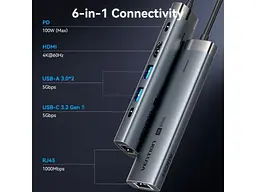 Мультипортовий адаптер Vention Hub 6-in-1 100W (TGNHB) - мініатюра 12