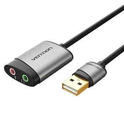 Зовнішня звукова карта Vention аудіоадаптер USB-A з окремими роз’ємами 3,5 мм для навушників і мікрофона 2.1 каналу 16 біт 44,1/48 кГц Plug and Play сірий (CDKHB)