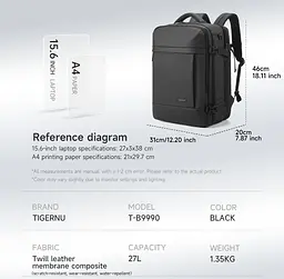 Рюкзак міський Tigernu T-B9990 27л з відсіком для ноутбука до 15.6" та USB Black (18197) - мініатюра 4