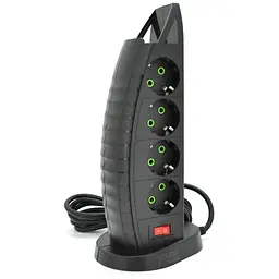 Мережевий фільтр F14, 8 розеток EU+3 USB+Type-C, кнопка включення з індикатором, 2 м, 3х0,75мм, 2500W, Black, Box