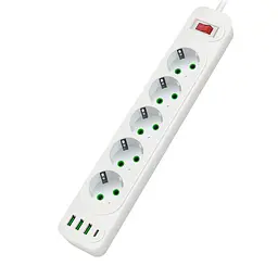 Сетевой фильтр-удлинитель Voltronic F25U, 5 розеток EU + 3xUSB + PD, 2м, 3х0,75мм, 2500W, White