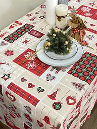 Скатертина Ecotton 150х220 см новорічна Новорiчний печворк бежево-червона (24203) - мініатюра 2
