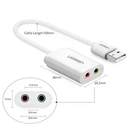 Звукова картка USB AUX jack, TRRS (Mic + Ear), ALC4042 15cm Ugreen Біла US205 - мініатюра 4