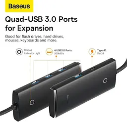 Хаб розгалужувач мультипортовий адаптер Baseus Lite Series Usb-C - 4xUsb-A 3.0 + Usb-C (WKQX030401) чорний - мініатюра 3