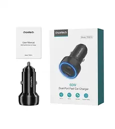 Автомобільний зарядний пристрій Choetech (1USB Type C; 1USB) 60W PD3.0 QC3.0 Black (TC0014) - мініатюра 3