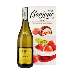 Набір: Ігристе вино Serena 1881 Frizzante PIU біле напівсухе 0.75 л + Десерт Bonjour Konti смак полуниці з вершками 232 г