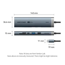 Концентратор Vention USB-C 7-in-1 USB-C PD + USB 3.2 + USB 3.0 + USB 2.0 + RJ45 + SD/TF + HDMI 0.15m (TGUHB) - мініатюра 11