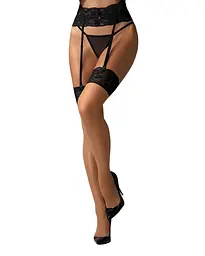 Панчохи Obsessive Nutris stockings, M/L, тілесні, з чорним мереживом, під пояс - мініатюра 1