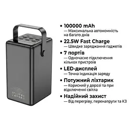 Батарея універсальна HOCO 100000mAh Endure 22.5W PD, QC, LED Lamp, Black (DB03 / 714721) - мініатюра 4