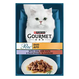 Упаковка вологого корму для котів Gourmet Perle Duo з телятиною та качкою у підливці 2.21 кг (85 г х 26 шт.) - мініатюра 2
