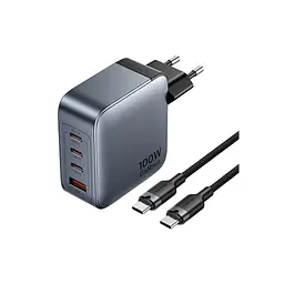 Зарядний пристрій Vention 3xUSB-C PD 100 Вт + 1xUSB QC 3.0 30 Вт GaN + кабель USB-C — USB-C 1.0 м сірий (TZ-FETH0-EU)