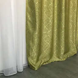 Льняні штори "бите скло" оливкового кольору 2шт. 150х270 з білим шифоновим тюлем 400х270, на тасьмі ALBO pbe0052737 - мініатюра 5