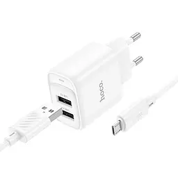 Мережевий зарядний пристрій з кабелем Hoco C141A Smart dual-port charger set(Micro) білий