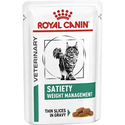 Вологий повнораційний дієтичний корм для котів Royal Canin Veterinary Satiety Weight Management для зниження надмірної маси тіла (тонкі шматочки в соусі) 85 г