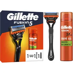 Подарунковий набір Gillette Fusion 5: станок для гоління чоловічий з 1 змінним картриджем + гель для гоління для чутливої шкіри 200 мл