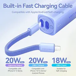 Універсальна мобільна батарея Vention 5000mAh 20W PD, USB-C In/Out, Lightning In/Out, with cable, Gradient Сірий - мініатюра 4