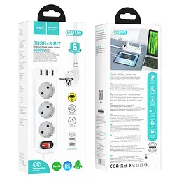 Мережевий фільтр-продовжувач Hoco NS2 (3 х розетки 3 х USB) білий 1.8 м - мініатюра 4