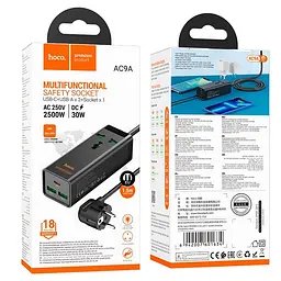 Подовжувач - зарядний адаптер Hoco AC9A Talent desktop charger 3 порти + 1 розетка АС - 2USB + Type-C 30W + 2500W 10A чорний - мініатюра 2