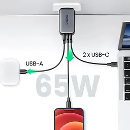 Зарядний пристрій 3xUSB 65W (2хUSB-C+USB-A) Gan CD244 Сірий Ugreen (10335) - мініатюра 3