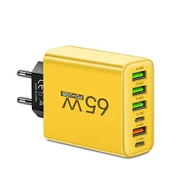 Блок живлення, мережевий зарядний пристрій 65 Вт, 4-USB + 2-Type-C, адаптер для зарядки YEllow 