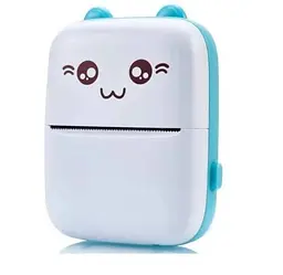 Портативний міні принтер Котик з вушками з термодруком Mini printer біло бірюзовий