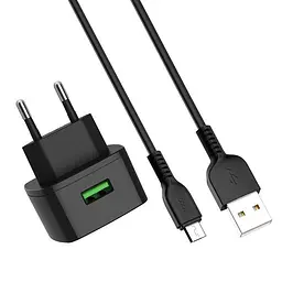 Мережевий зарядний пристрій 1USB Hoco C70A QC 3.0 3A Black + USB Cable XiaomicroUSB