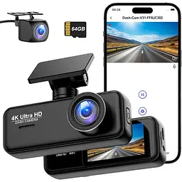 Відеореєстратор спереду та ззаду 4K+1080P з WiFi та додатком, подвійна автомобільна камера, карта на 64 ГБ у комплекті