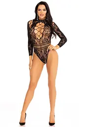Боді Leg Avenue High neck lace bodysuit, One Size, чорне, довгий рукав, стрінги, квітковий малюнок - мініатюра 4