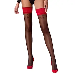 Панчохи Passion ST120 3/4 black-red, на ажурній силіконовій резинці, вишуканий декор та люрекс - мініатюра 1