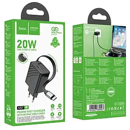 МЗП Hoco N57 Full PD20W with retractable cable Type-C (2USB-C) Black - мініатюра 5
