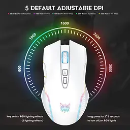 Комп'ютерна мишка Onikuma ігрова бездротова C105 з RGB підсвіткою 2.4GHz 600-3600 DPI 7 кнопок безшумна для ПК та ноутбука біла - мініатюра 4