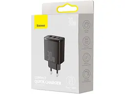 Мережевий зарядний пристрій BASEUS Compact Quick Charger 2xUSB U+C 30 W Black (CCXJ-E01) - мініатюра 4