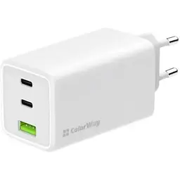 Мережевий зарядний пристрій ColorWay, White, 100 Вт, GaN, 2xType-C (100 Вт, PD3.0) / 1xUSB (30 Вт, QC4.0), Auto ID (CW-CHS061PD-WT)