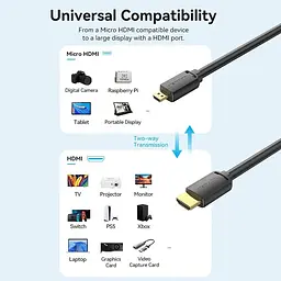 Кабель HDMI M - Micro HDMI M, 2.0 м, V2.0 4K 60Гц 18Gbps чорний Vention - мініатюра 6
