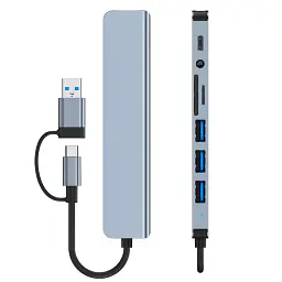 USB хаб 8 в 1 високошвидкісний концентратор Type-C Сірий  - мініатюра 3