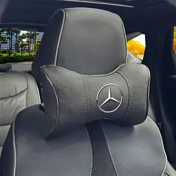 Подушка на підголівник з логотипом Mercedes-Benz Екошкіра 3D Кольоровий лого Чорний-Коричневий кант 1 шт