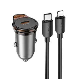 Автомобільний зарядний пристрій Hoco NZ16 Type-C PD 30W metal grey + кабель Type-C to Lightning