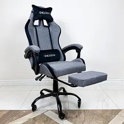 Геймерське крісло DEXON ORION X з підставкою для ніг, з тканини+подушки велюр, металева хрестовина, Темно-Сірий - мініатюра 4